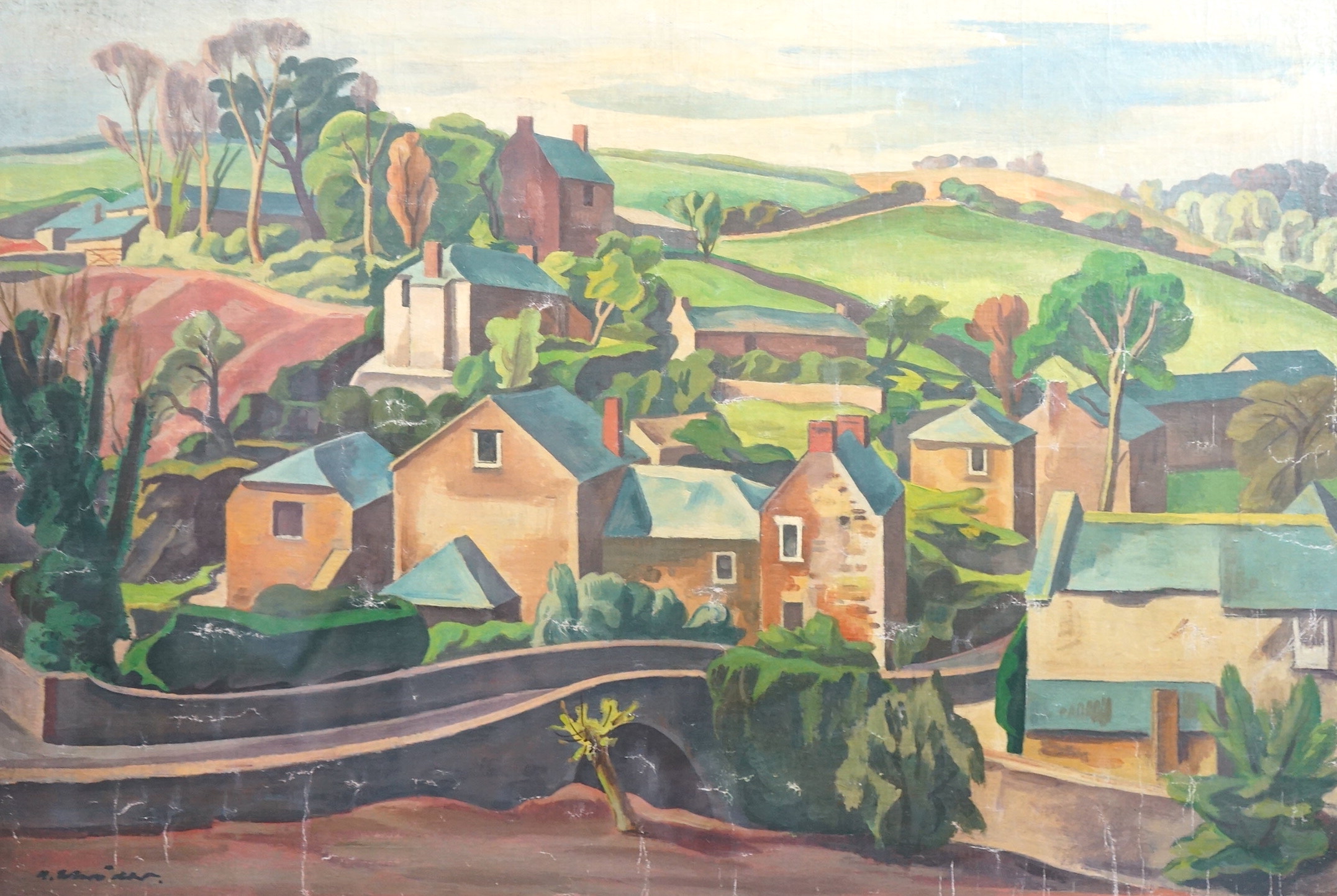 Adrian Paul Allinson ROI (English, 1890-1959), Hillside village, oil on canvas, 59 x 87.5cm